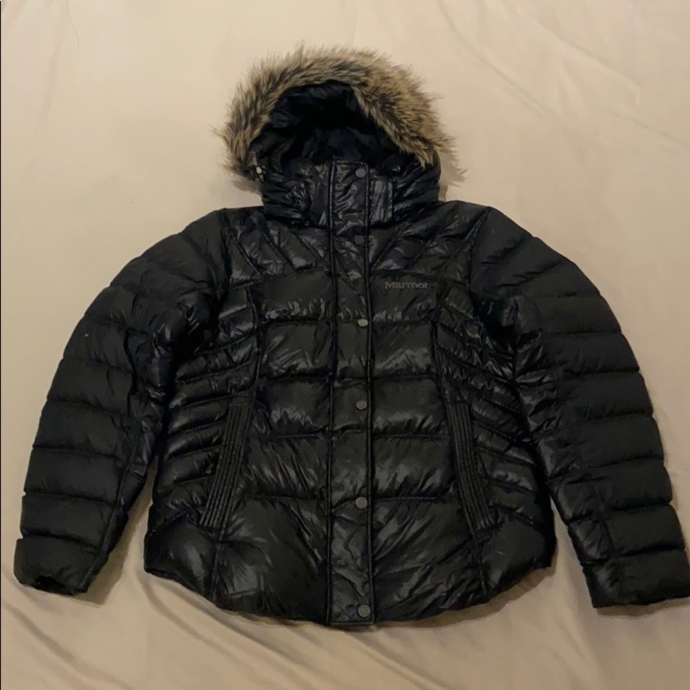 Women’s marmot black down hooded jacket large